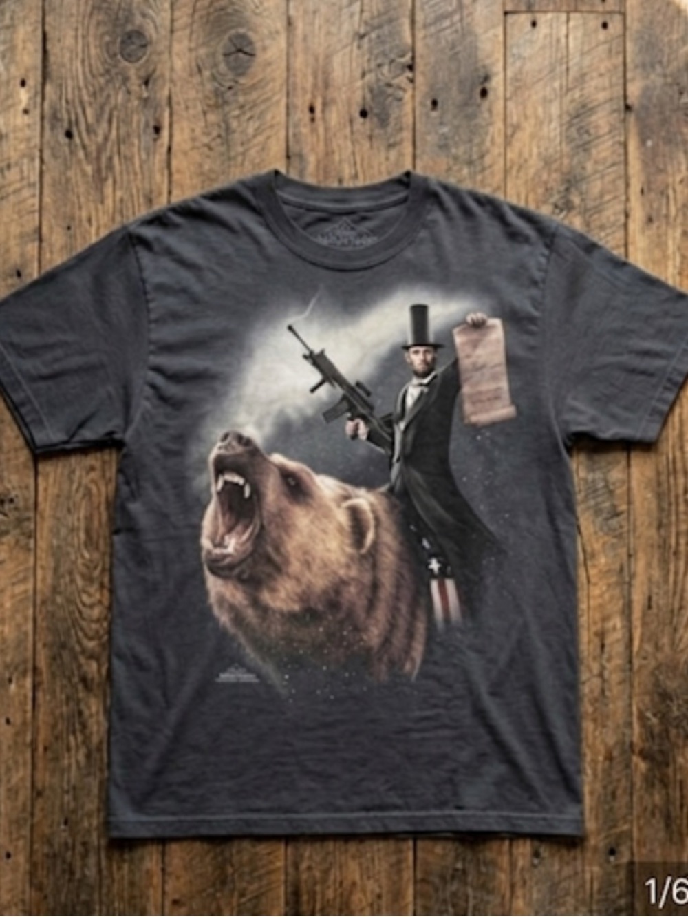 The Mountain Black Graphic Tee with Bear and Historical Figure